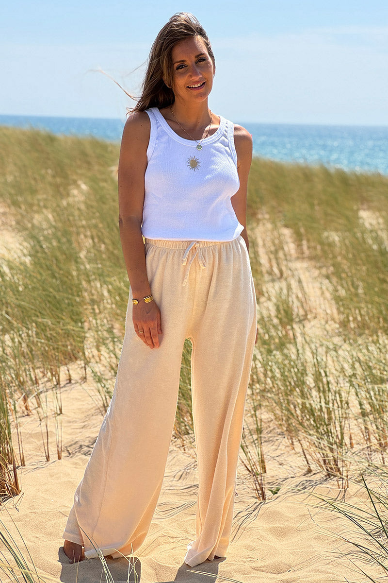 Pantalon large wide leg écru et confort en éponge ceinture élastique
