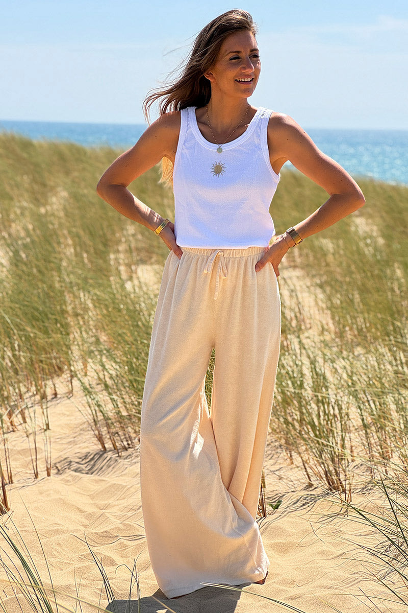 Pantalon large wide leg écru et confort en éponge ceinture élastique