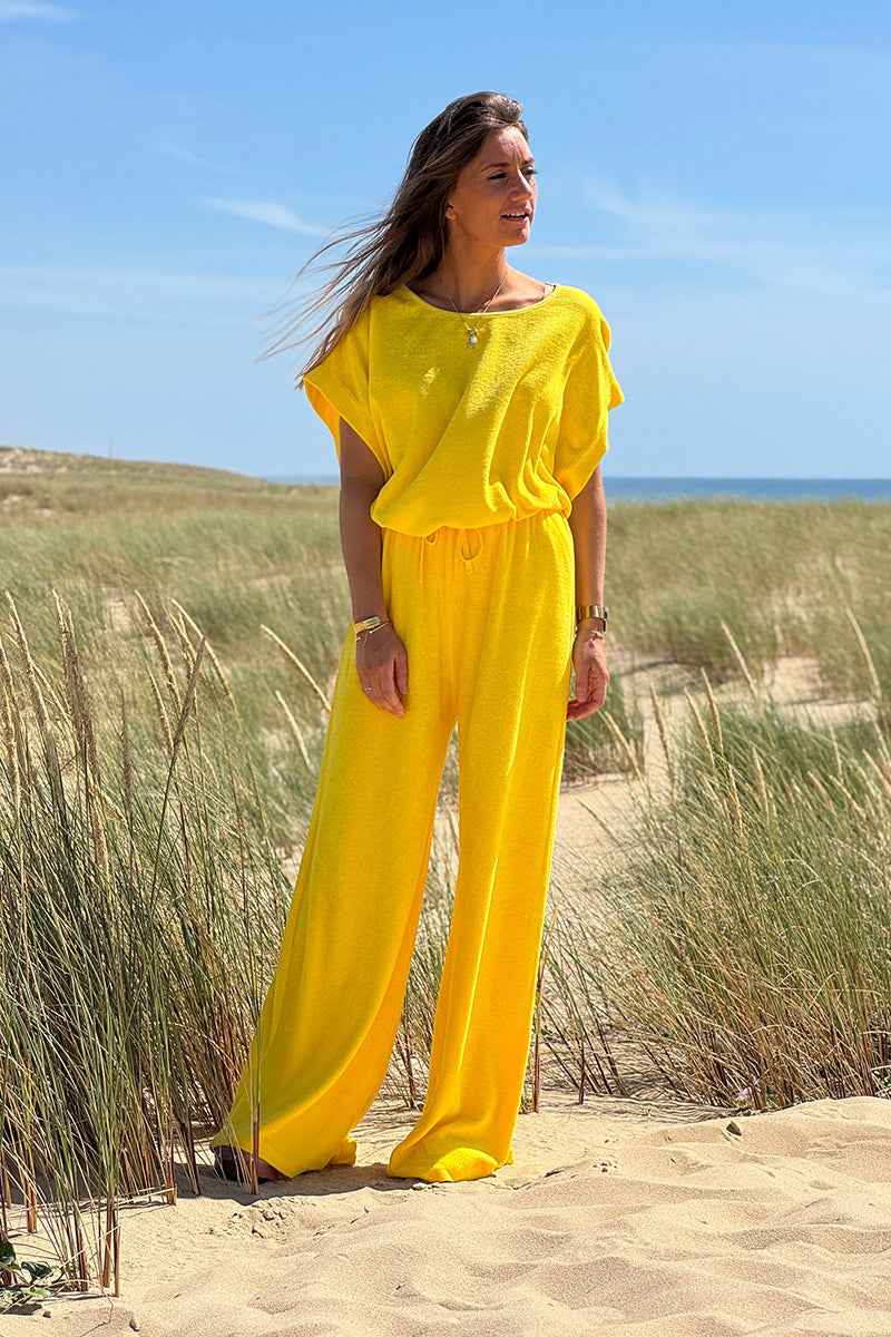 Pantalon large wide leg jaune et confort en éponge ceinture élastique