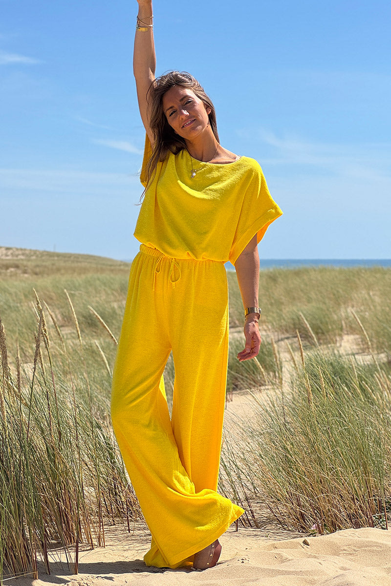 Pantalon large wide leg jaune et confort en éponge ceinture élastique