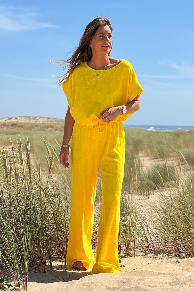 Pantalon large wide leg jaune et confort en éponge ceinture élastique
