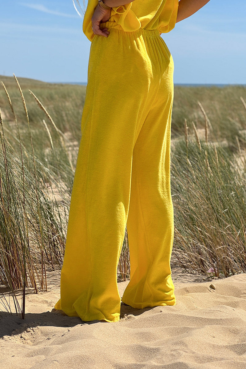 Pantalon large wide leg jaune et confort en éponge ceinture élastique