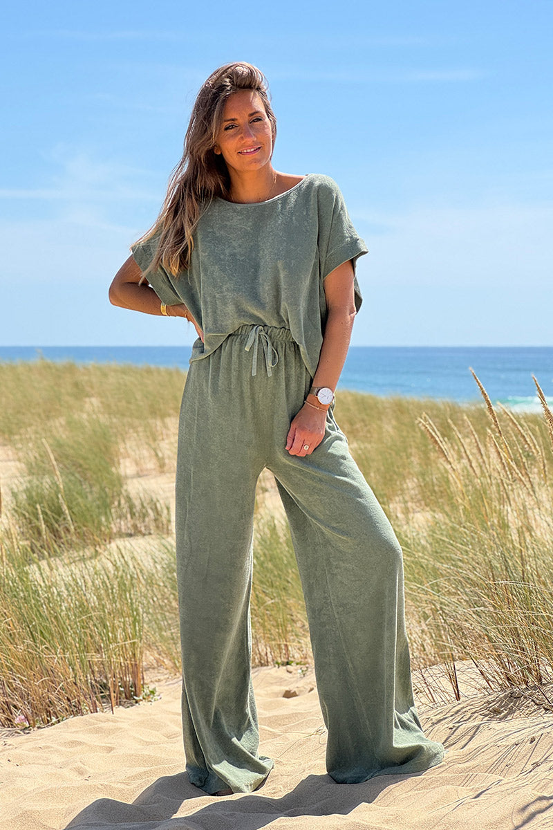 Pantalon large wide leg kaki et confort en éponge ceinture élastique