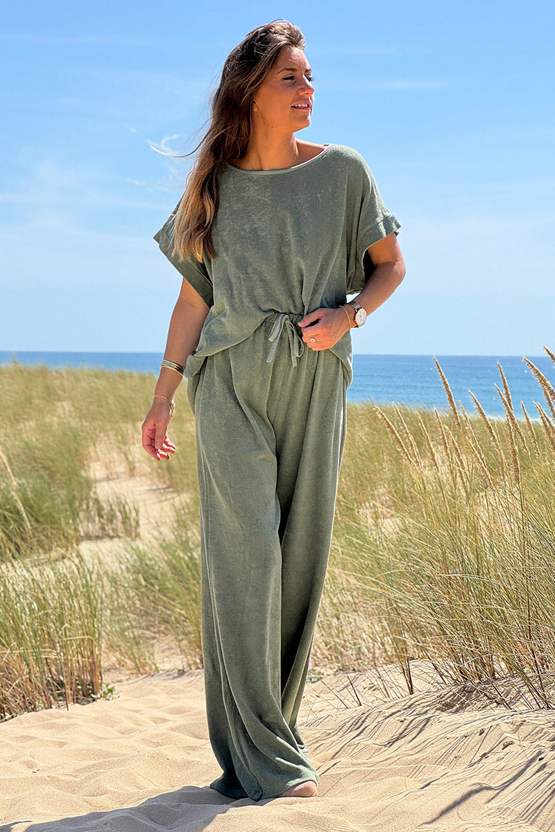 Pantalon large wide leg kaki et confort en éponge ceinture élastique