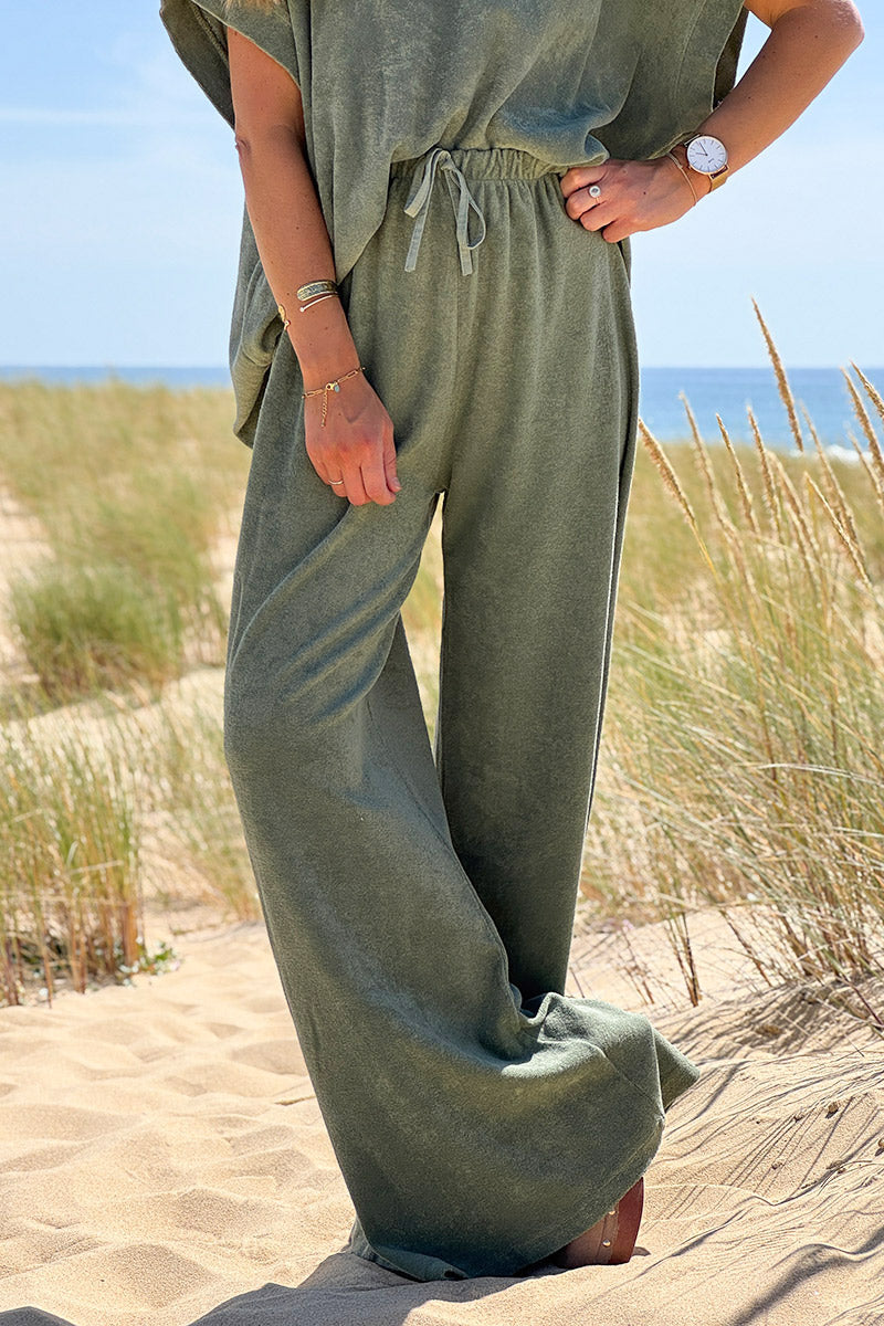 Pantalon large wide leg kaki et confort en éponge ceinture élastique