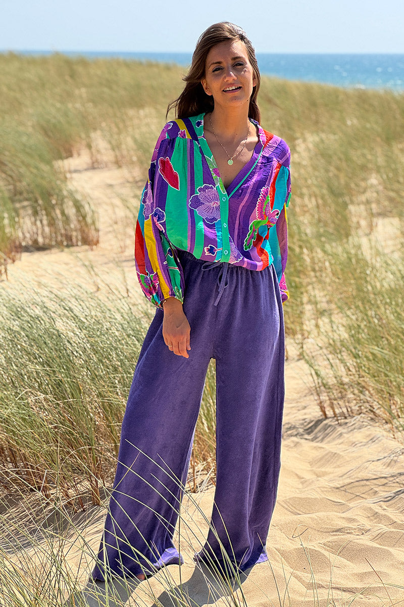 Pantalon large wide leg violet et confort en éponge ceinture élastique