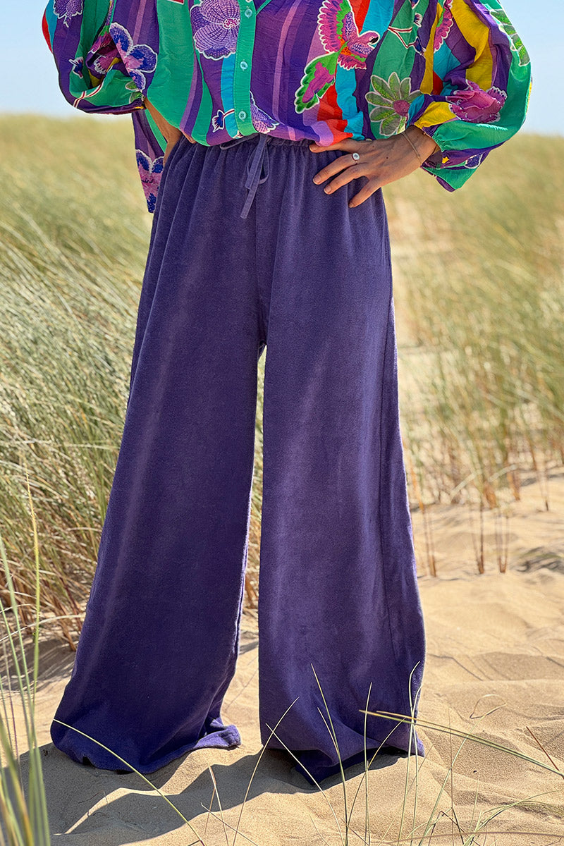 Pantalon large wide leg violet et confort en éponge ceinture élastique