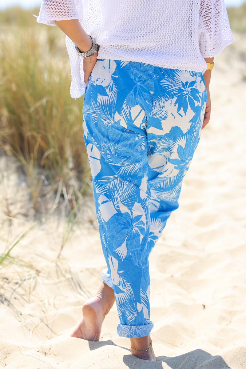 Pantalon leger et confort imprime palmes bleu azur g095 (1)