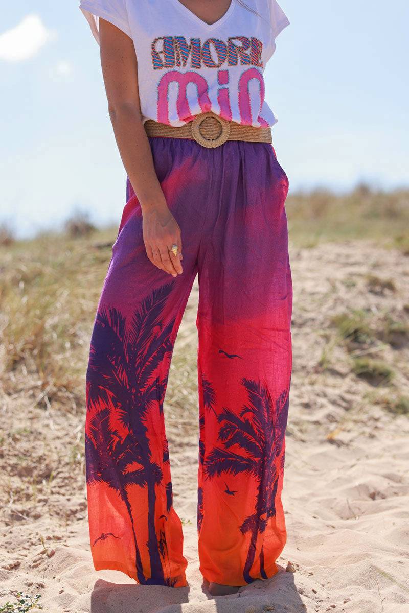 Pantalon léger et fluide imprimé palmiers sunset violet et orange
