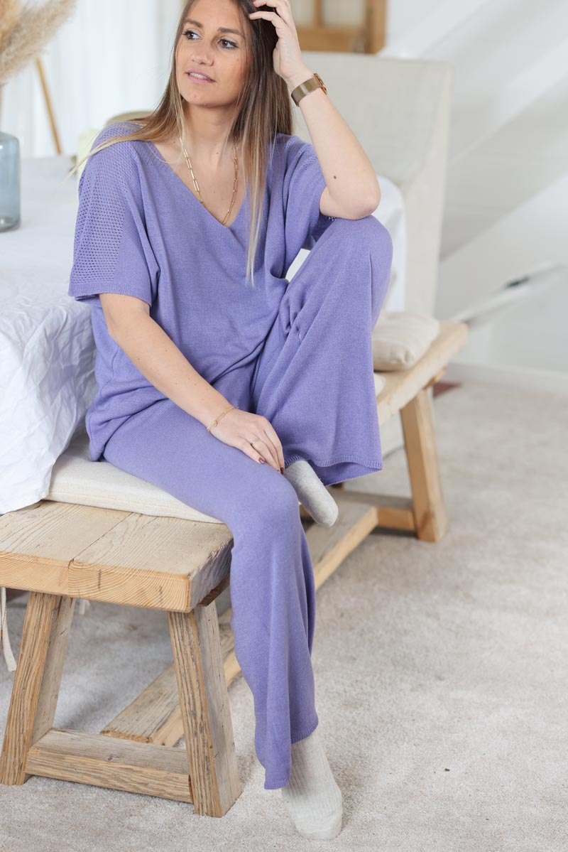 Pantalon lilas confort et fluide en petite maille toute douce H025 (1)