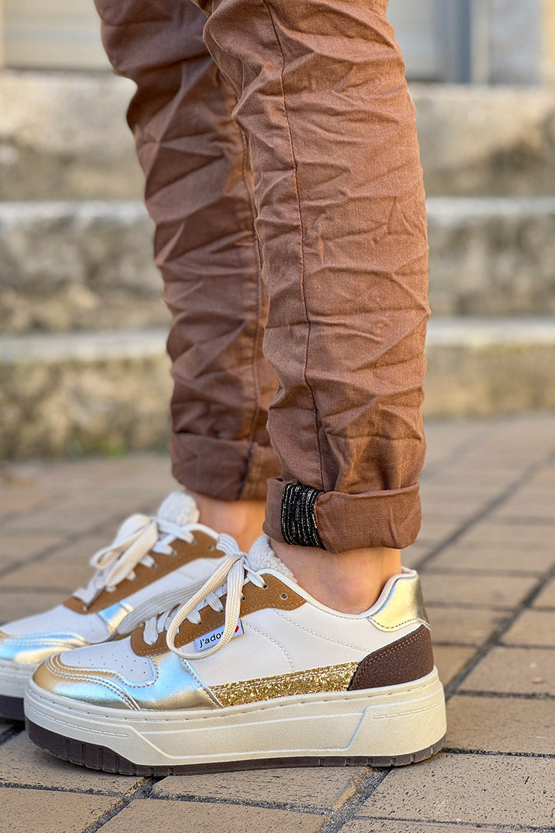 Slim Fit Brown Jeans with Silver Ankle Hem Edging