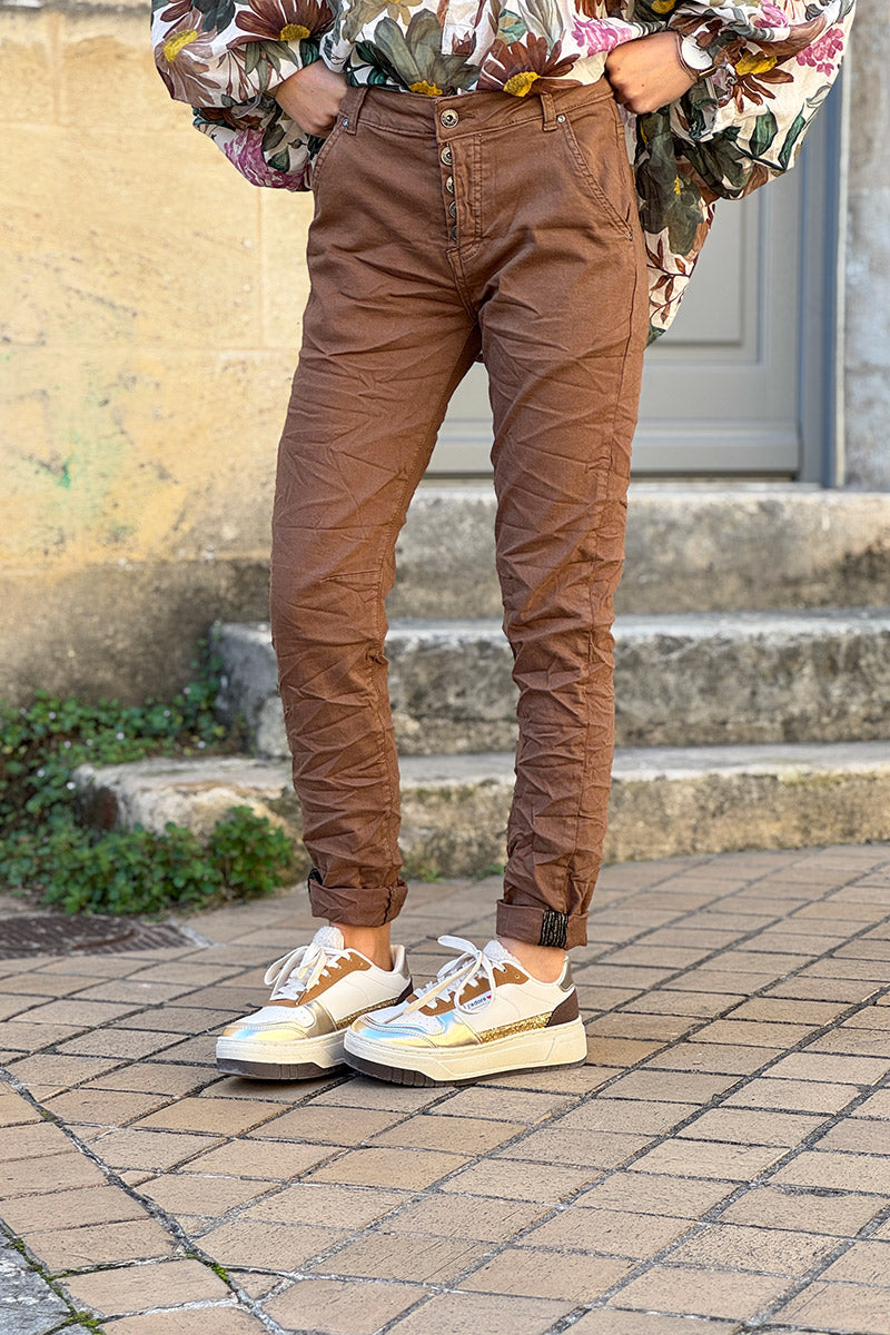 Slim Fit Brown Jeans with Silver Ankle Hem Edging