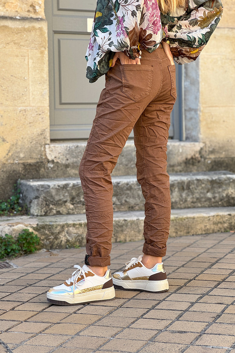 Slim Fit Brown Jeans with Silver Ankle Hem Edging