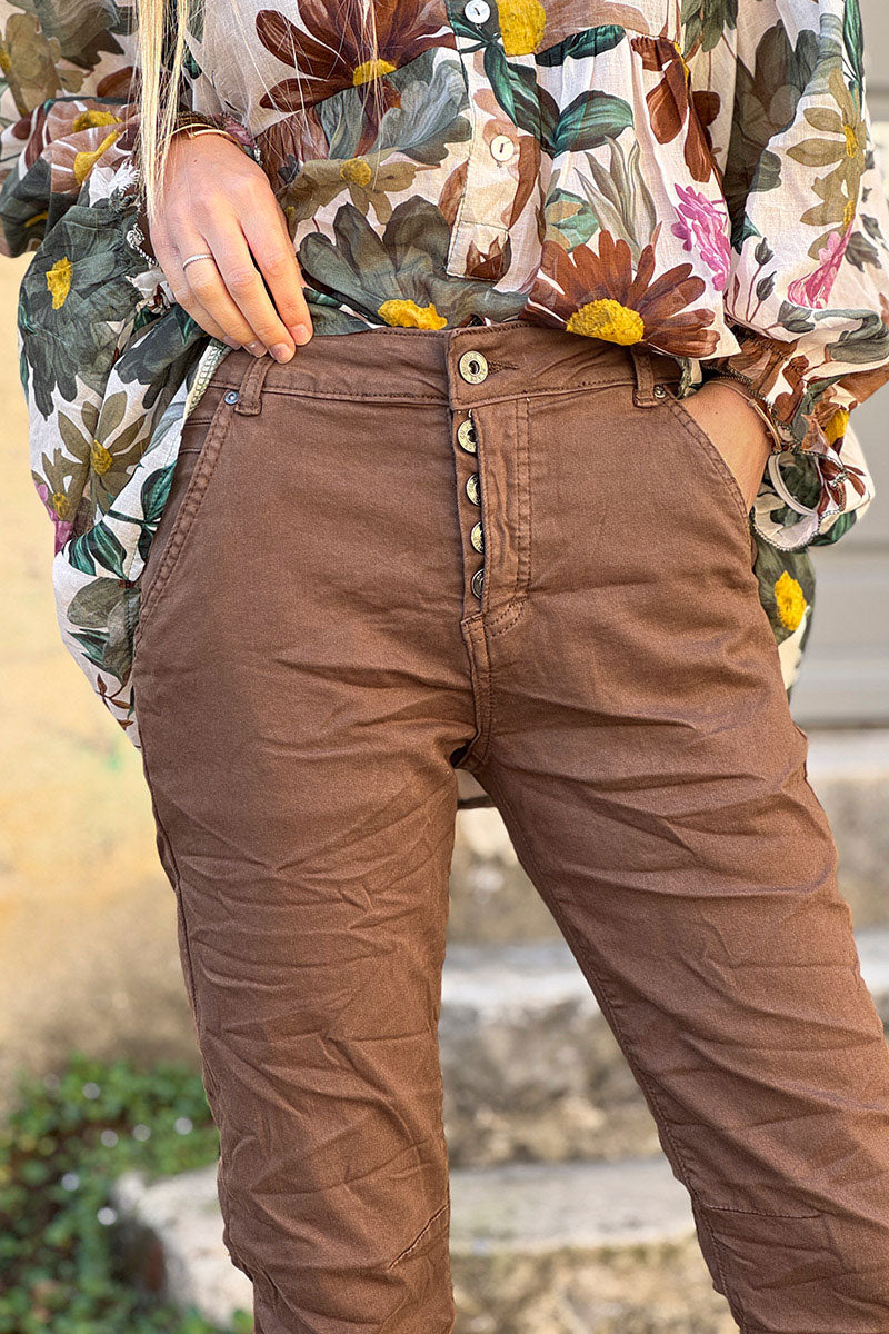 Slim Fit Brown Jeans with Silver Ankle Hem Edging
