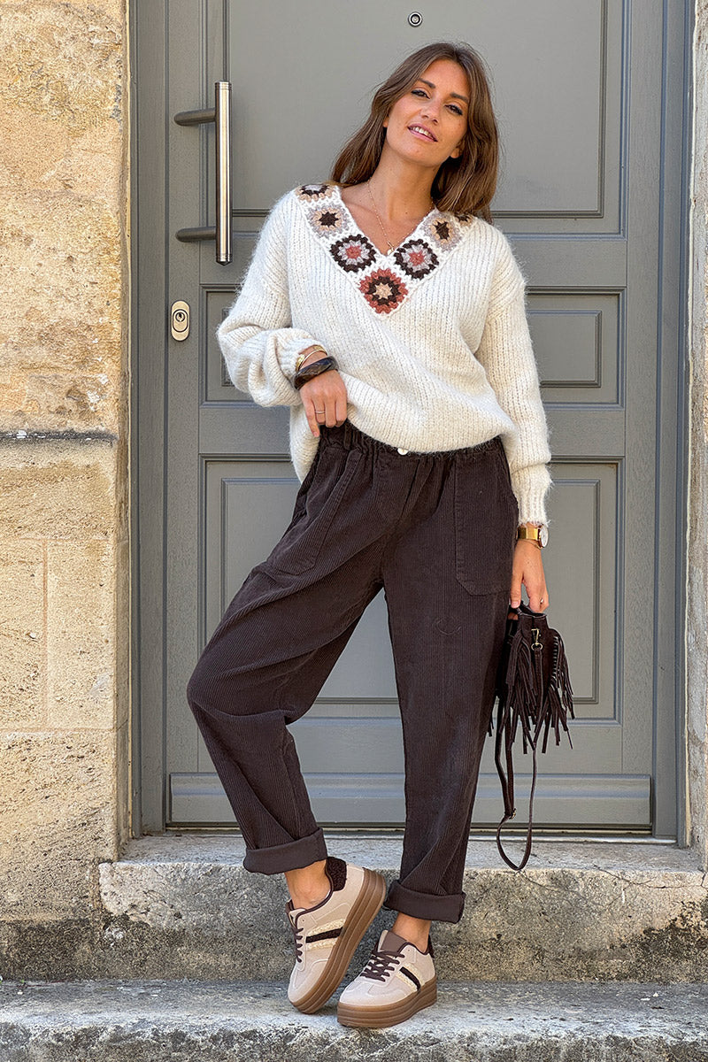 Pantalon marron en velours côtelé coupe paperbag ceinture élastique