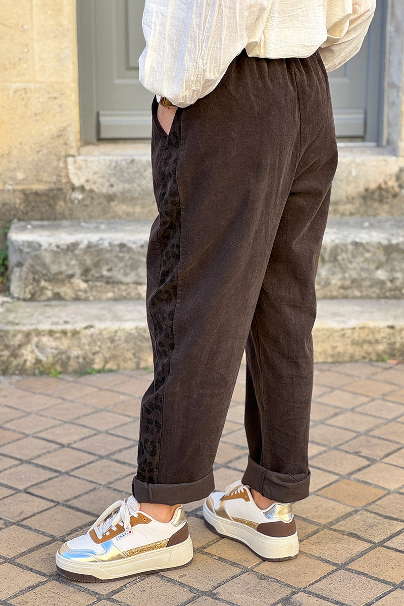 Dark Chocolate Brushed Stretch Poplin Leopard Stripe Pants