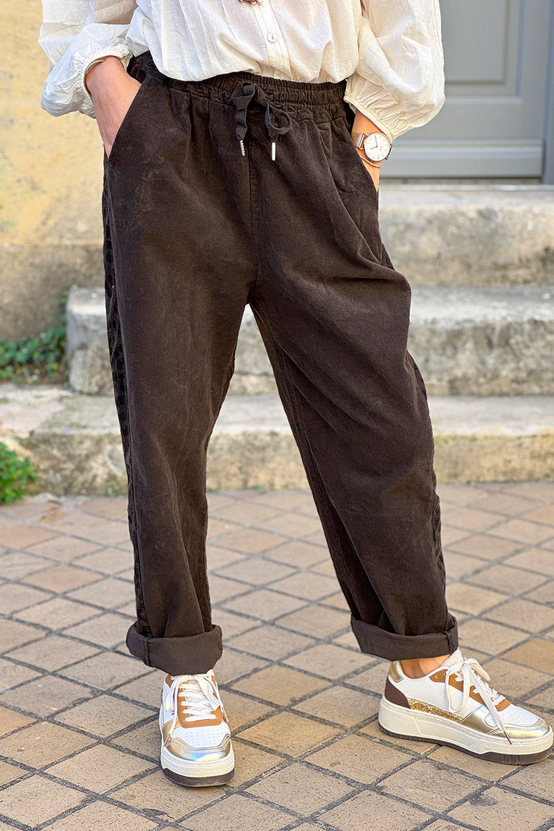 Dark Chocolate Brushed Stretch Poplin Leopard Stripe Pants