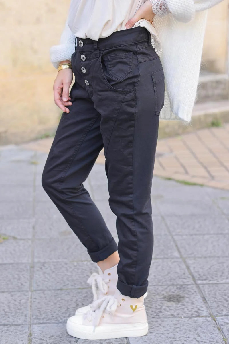 Pantalon noir bi matière toile et jersey stretch à boutons
