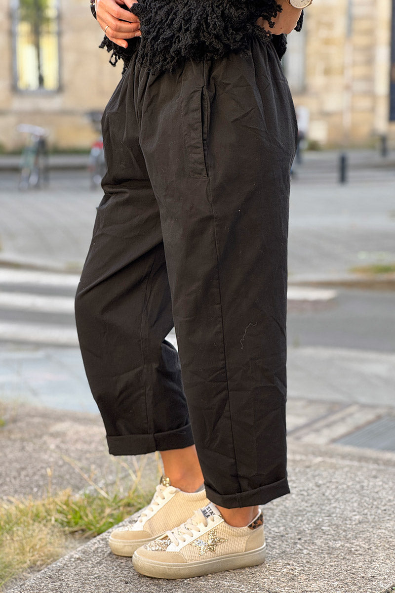 Black Cotton Pull-On Utility Pants