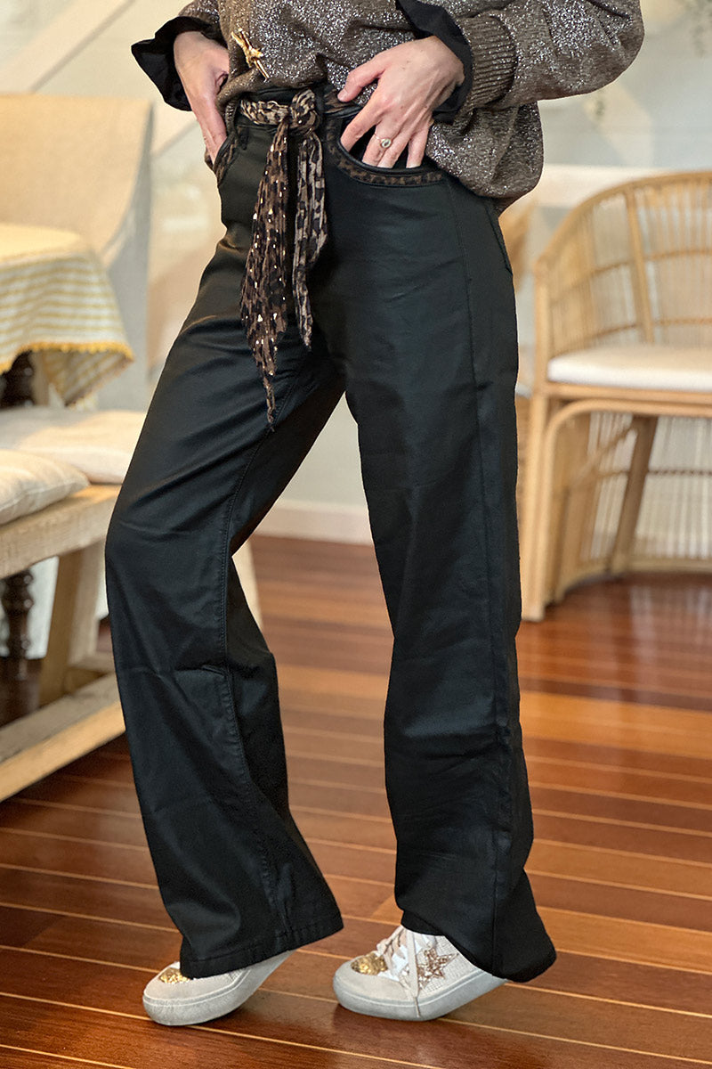 Black Sequin Pocket Trousers with Sash Belt