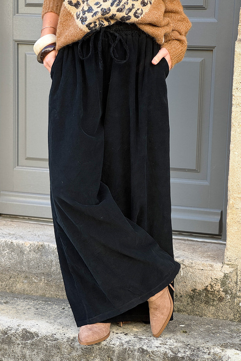 Black Cotton Wide-Leg Pants