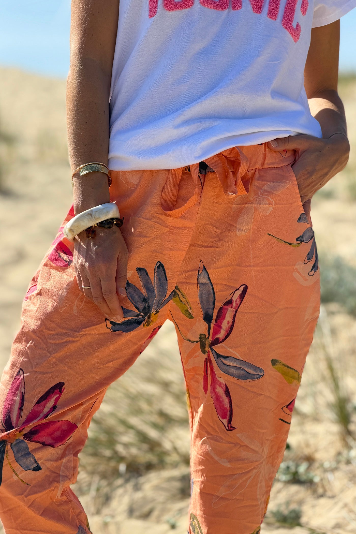 Orange Floral Art Print Pull-On Pants
