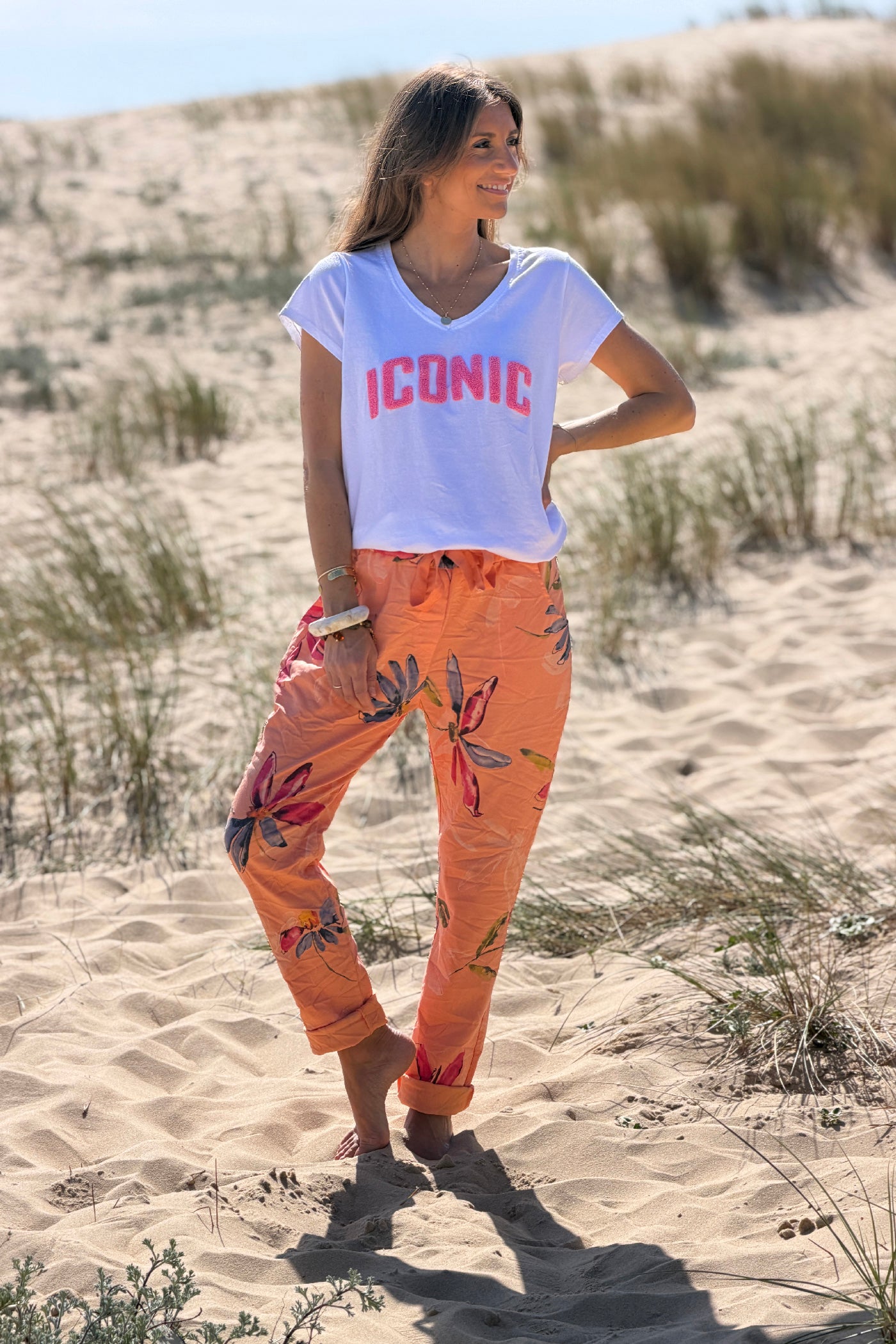 Orange Floral Art Print Pull-On Pants