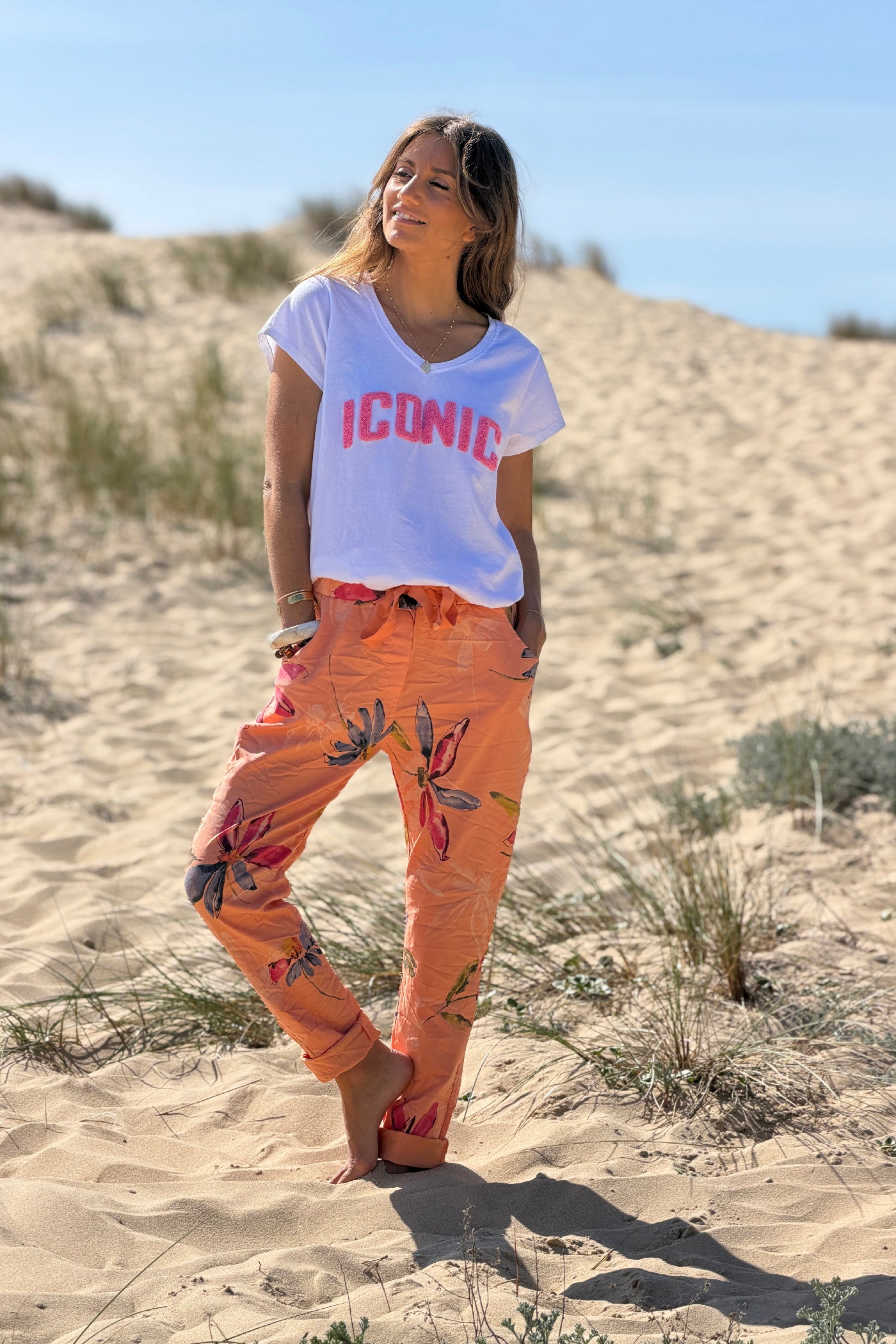 Orange Floral Art Print Pull-On Pants