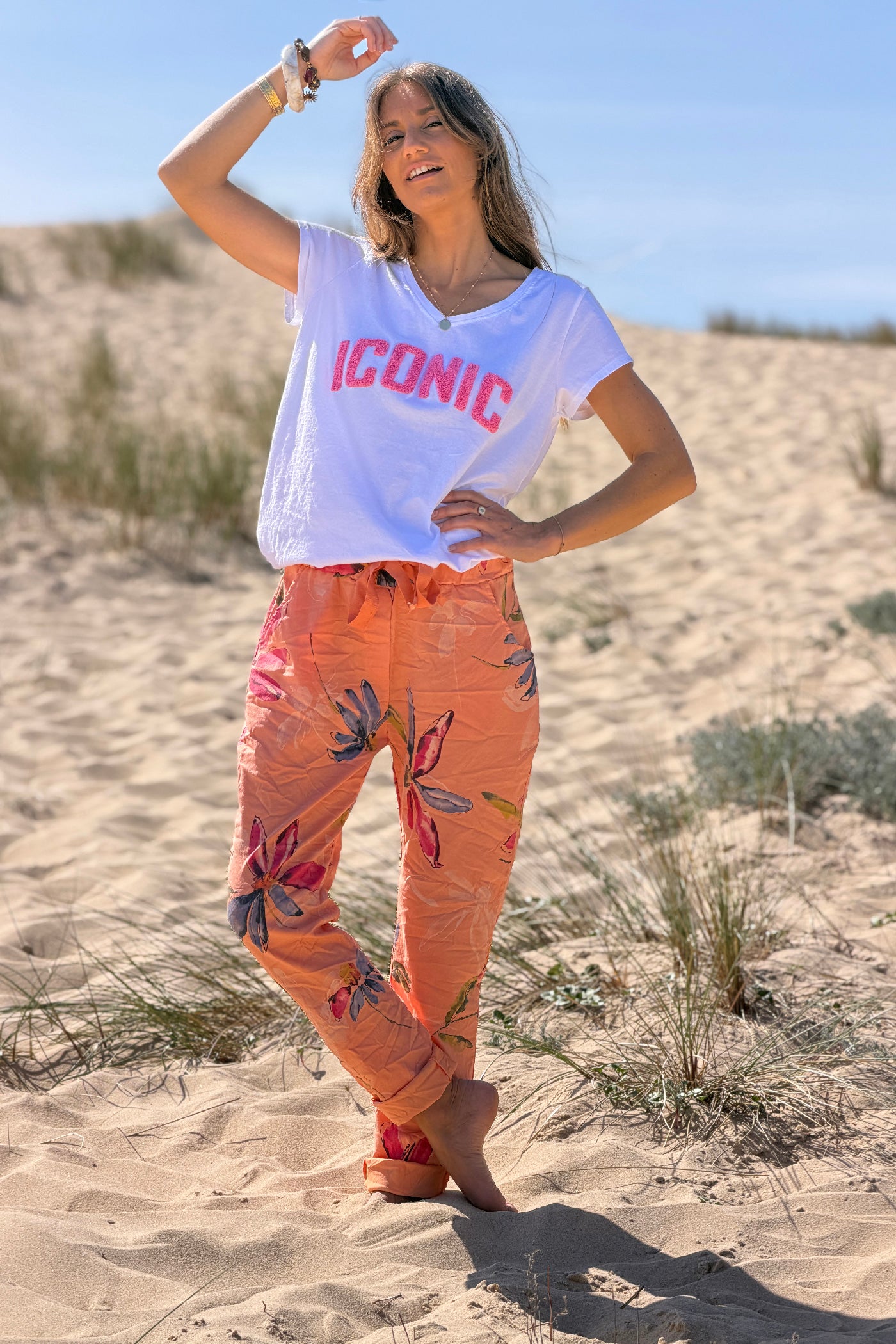 Orange Floral Art Print Pull-On Pants