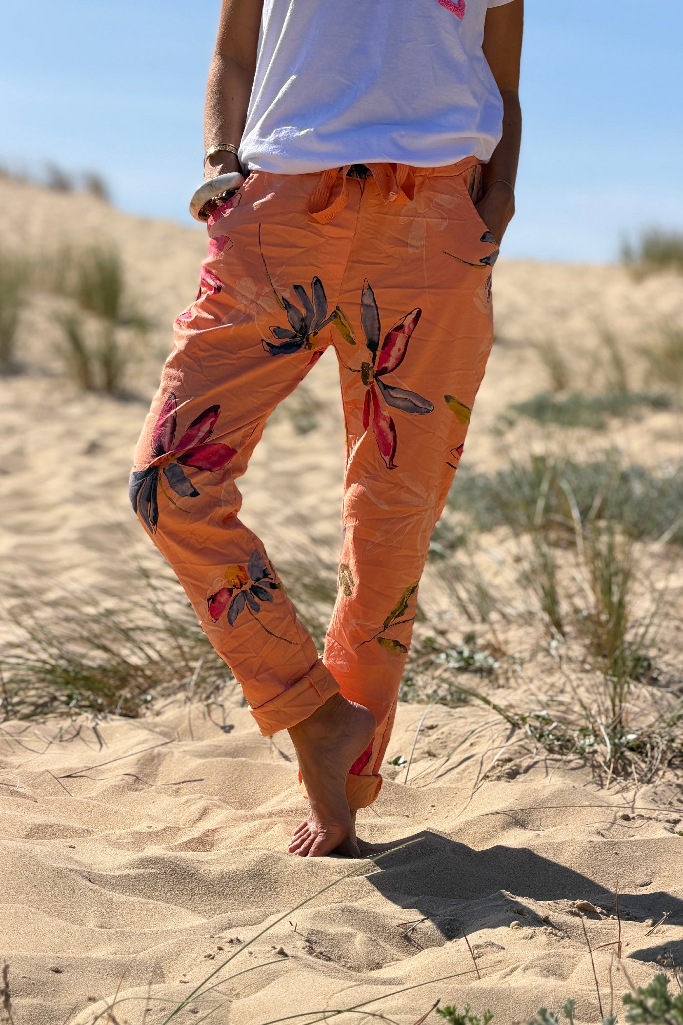 Orange Floral Art Print Pull-On Pants