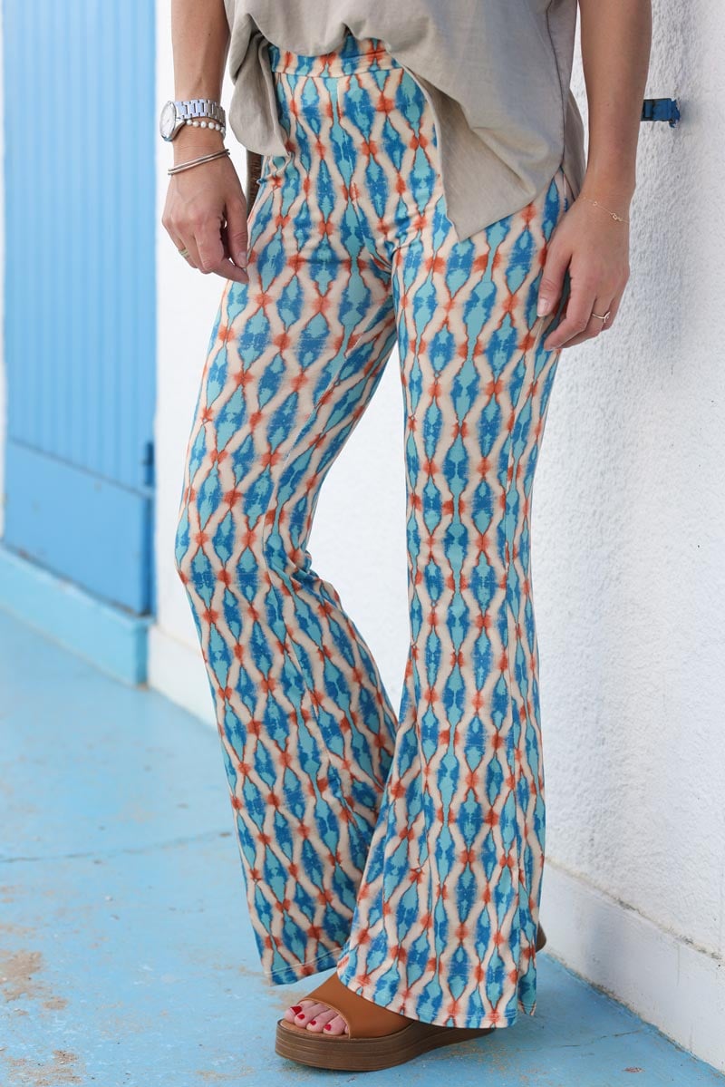Pantalon patte d'eph fluide souple et stretch motifs losanges tie and dye bleu H082 (1)