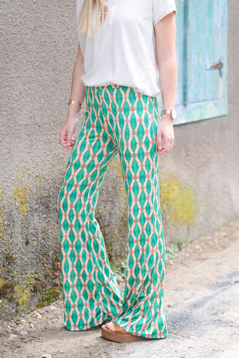 Pantalon patte d'eph fluide souple et stretch motifs losanges tie and dye vert H082 (1)