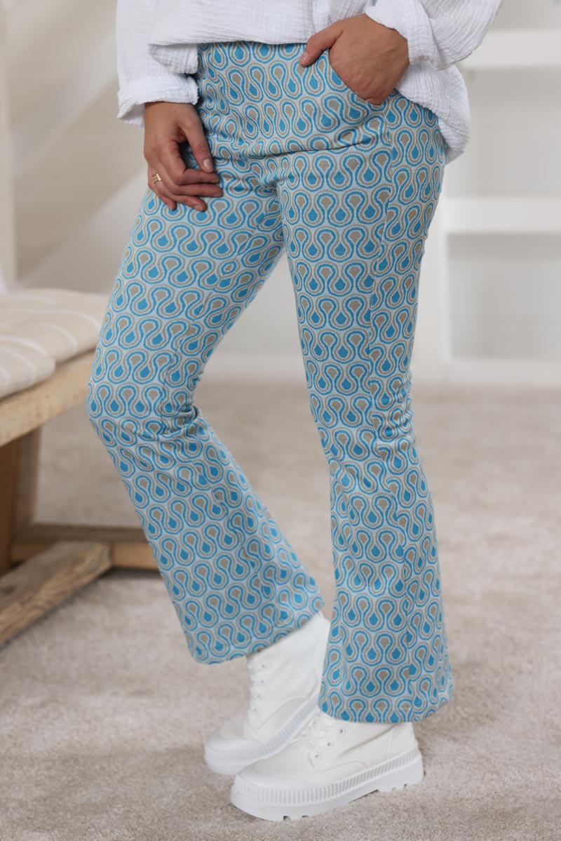 Pantalon patte d'eph imprime seventies bleu H042 (1)