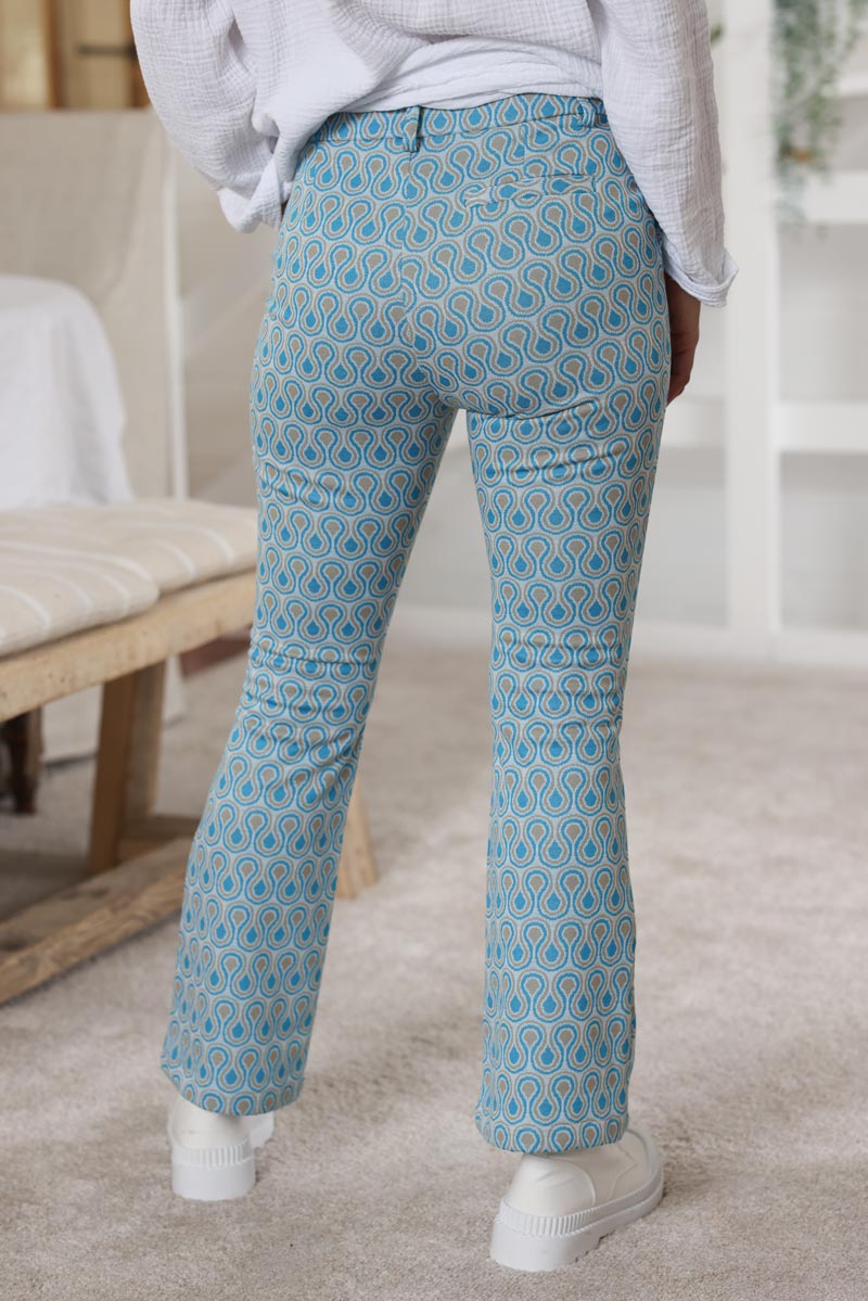 Pantalon patte d'eph imprime seventies bleu H042 (1)