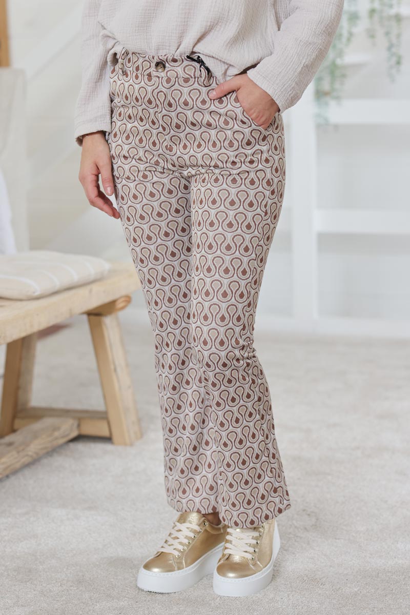Pantalon patte d'eph imprime seventies marron H042 (1)