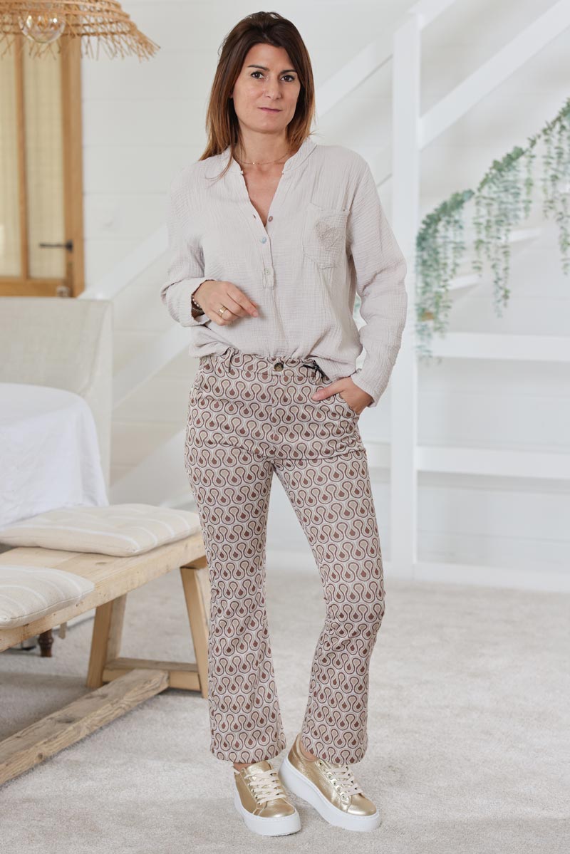 Pantalon patte d'eph imprime seventies marron H042 (1)