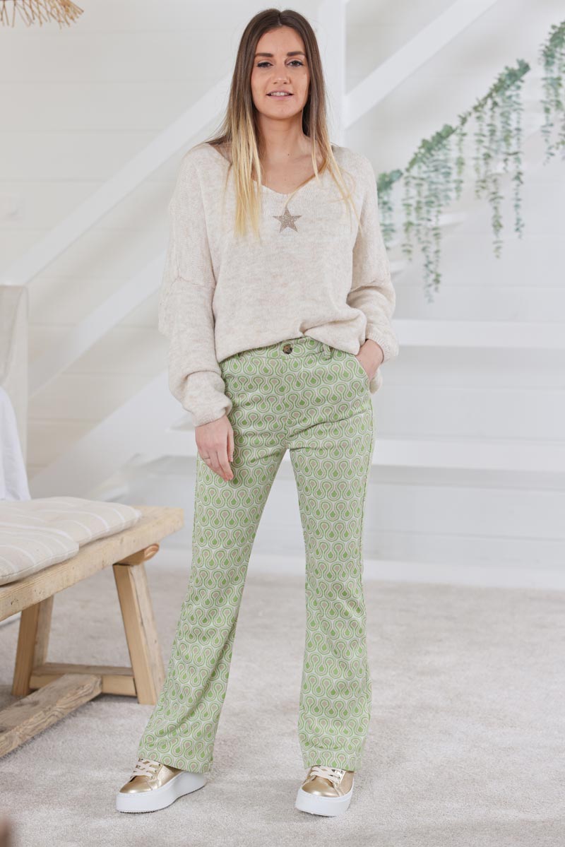 Pantalon patte d'eph imprime seventies vert H042 (1)