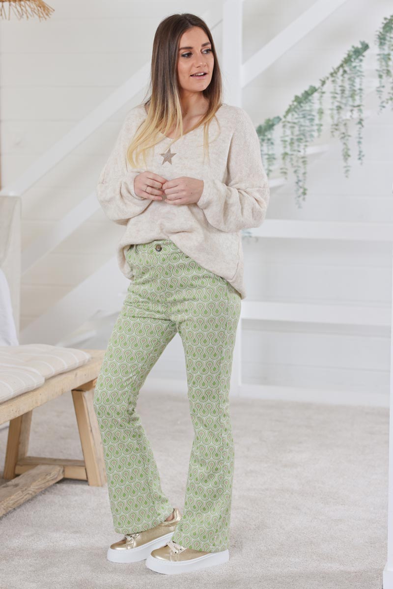 Pantalon patte d'eph imprime seventies vert H042 (1)