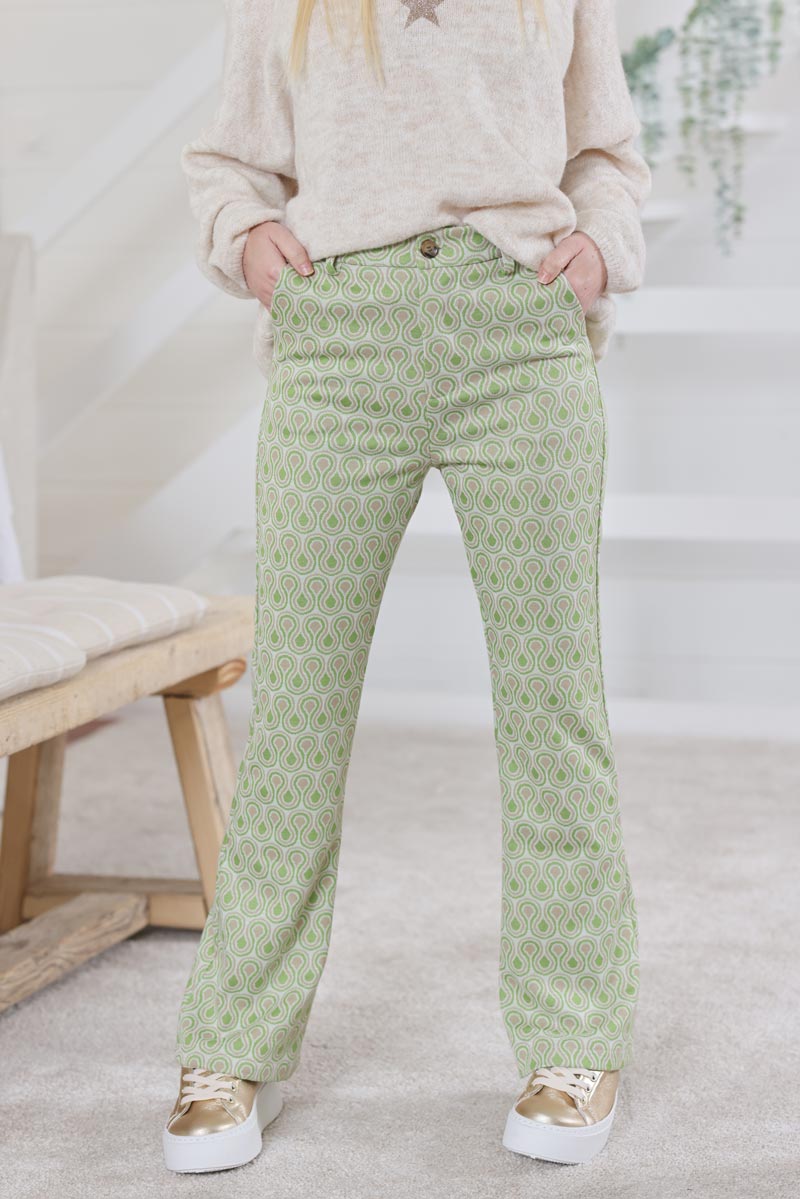 Pantalon patte d'eph imprime seventies vert H042 (1)