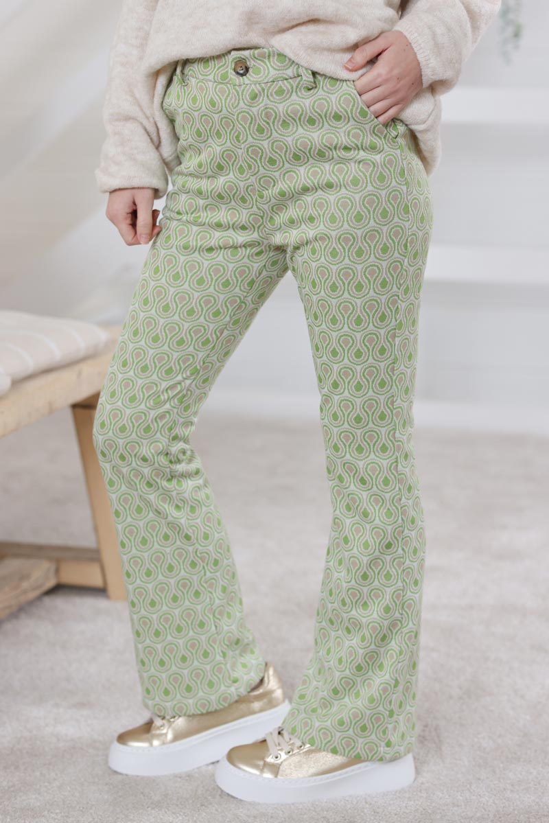 Pantalon patte d'eph imprime seventies vert H042 (1)
