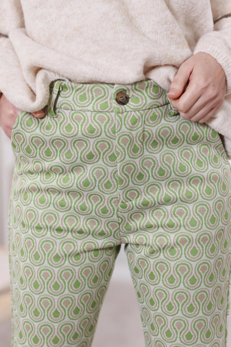 Pantalon patte d'eph imprime seventies vert H042 (1)