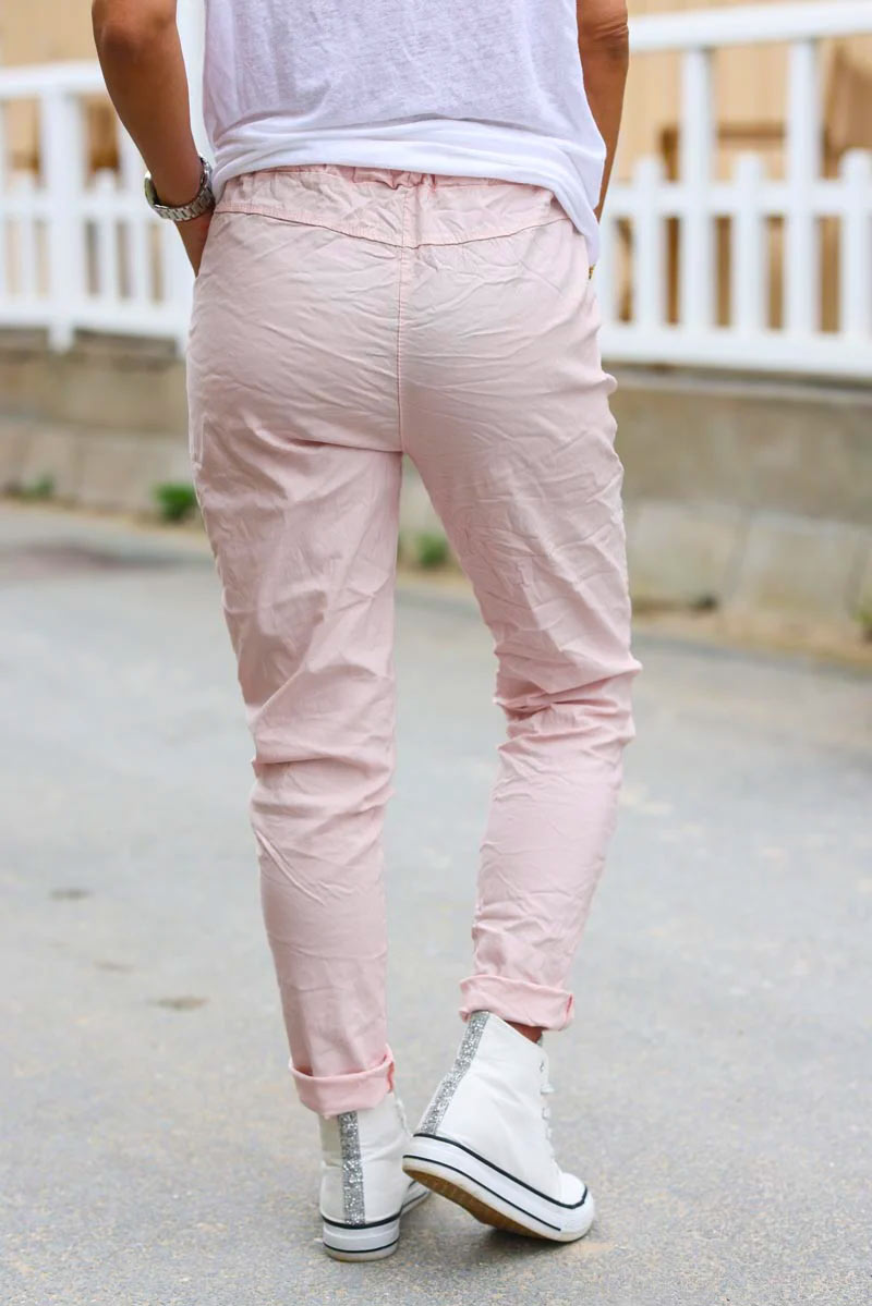 Pantalón confort elástico rosa palo con cinturilla elástica