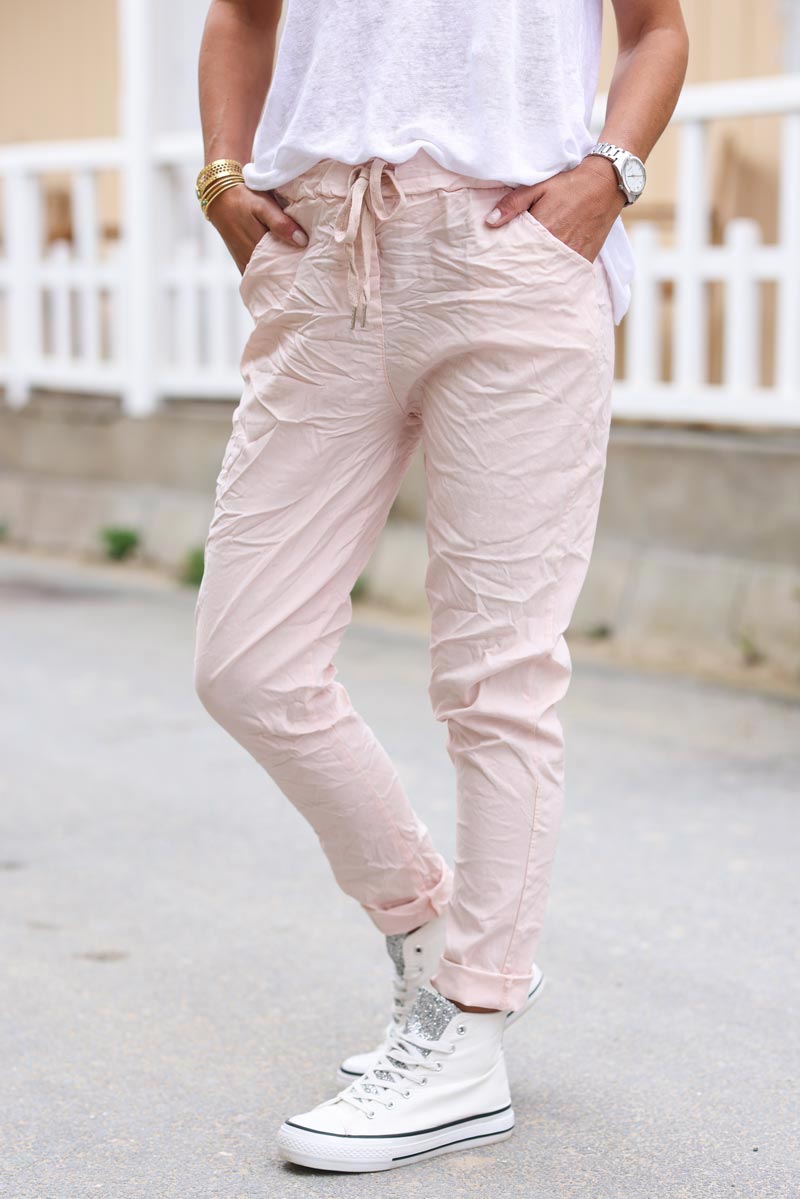 Pantalon rose pâle confort stretch uni ceinture élastique
