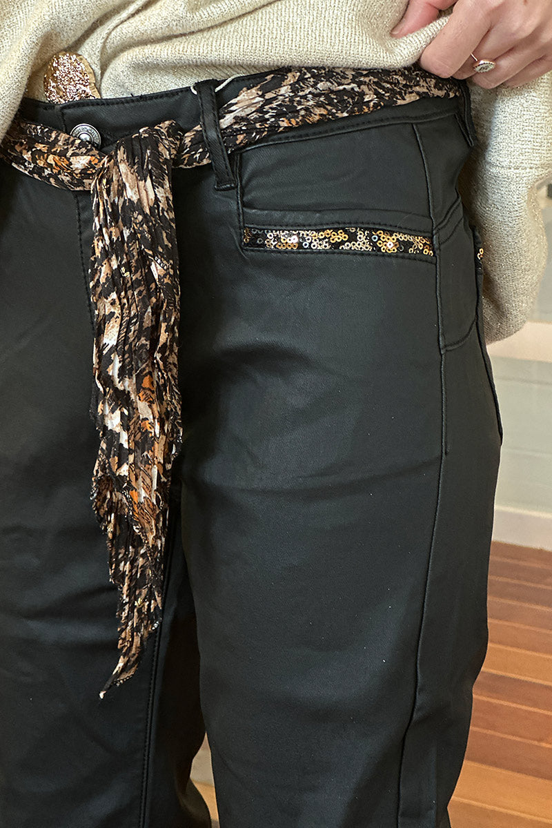 Black Sequin Pocket Wide-Leg Jeans with Sash Belt