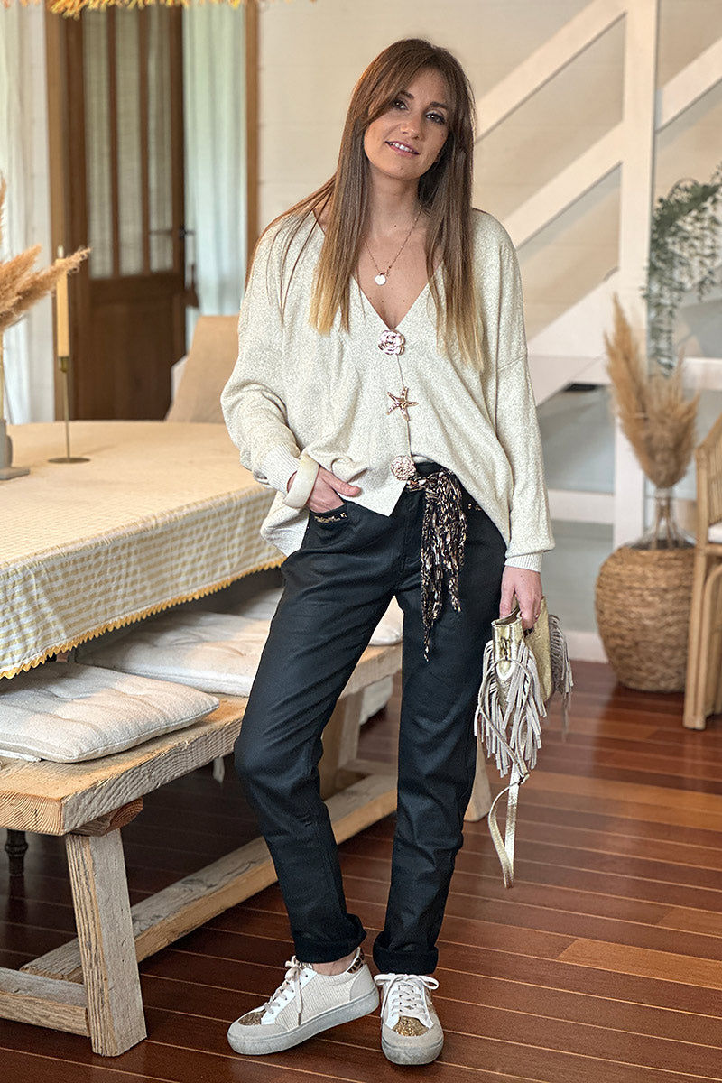 Black Sequin Pocket Wide-Leg Jeans with Sash Belt