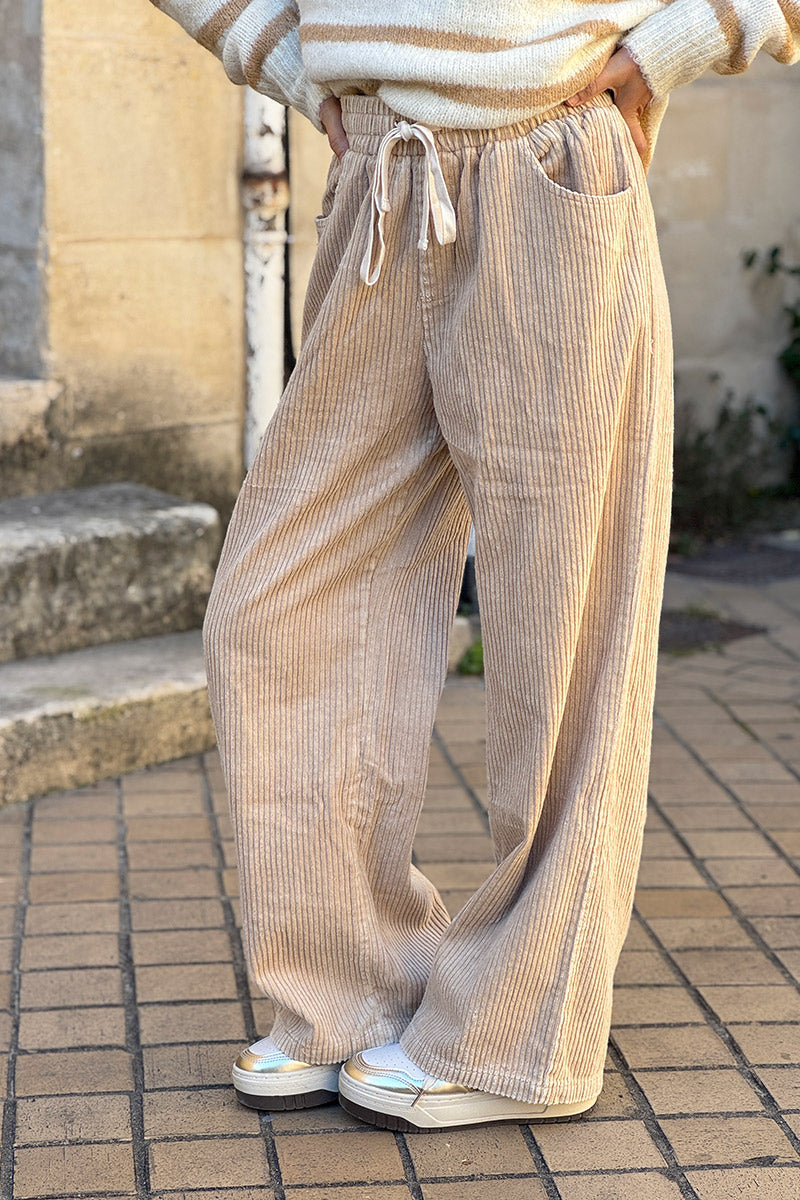 Beige Pull-On Corduroy Pants