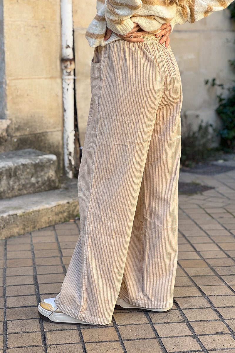 Beige Pull-On Corduroy Pants
