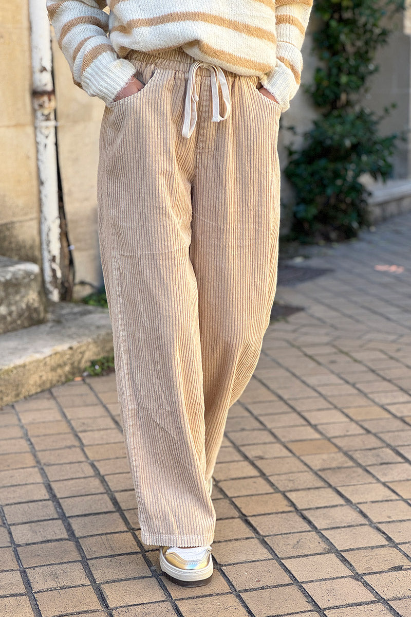Beige Pull-On Corduroy Pants