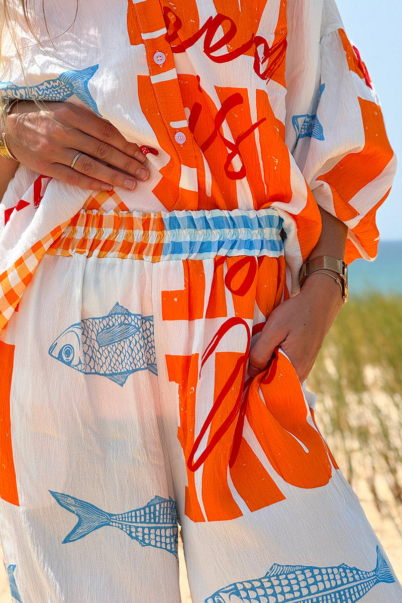 Pantalon souple blanc cassé imprimé LOVE orange poissons et carreaux vichy