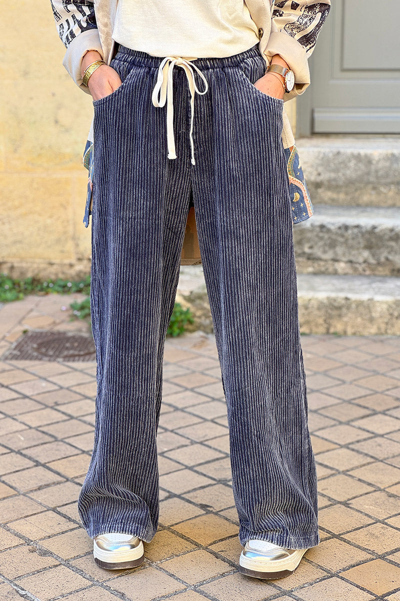 Dark Blue Pull-On Corduroy Pants